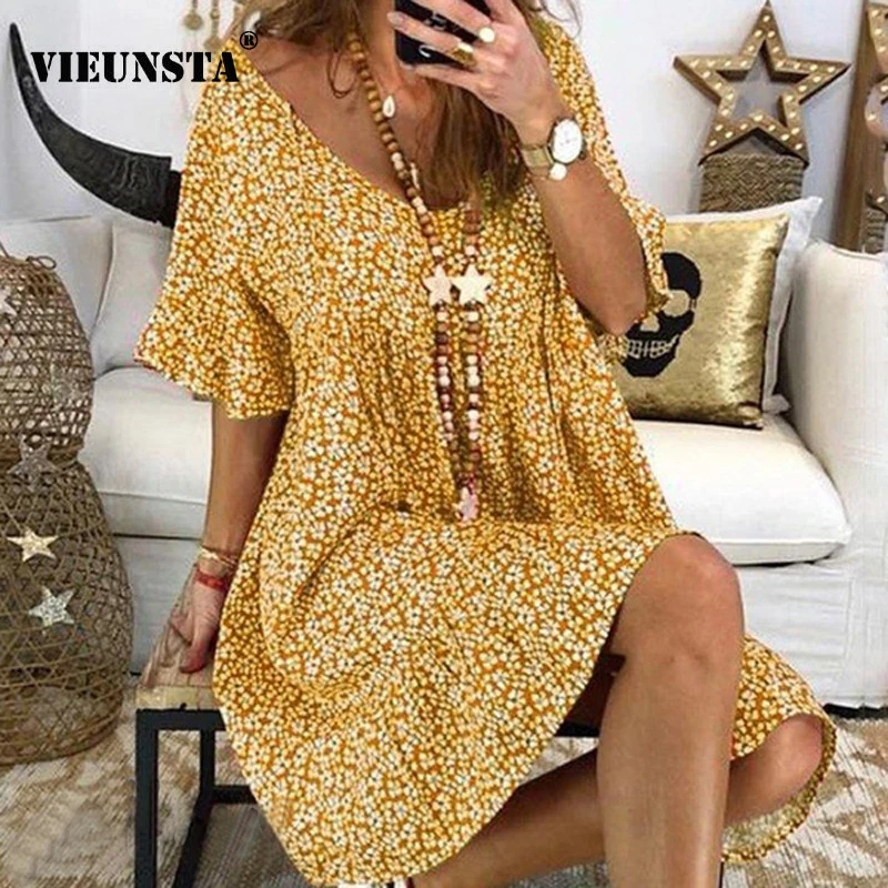

VIEUNSTA 4XL Women Vintage Floral Print Loose Mini Dress Summer Flare Sleeve V Neck Party Dress Femme Casual Beach Dress Vestido