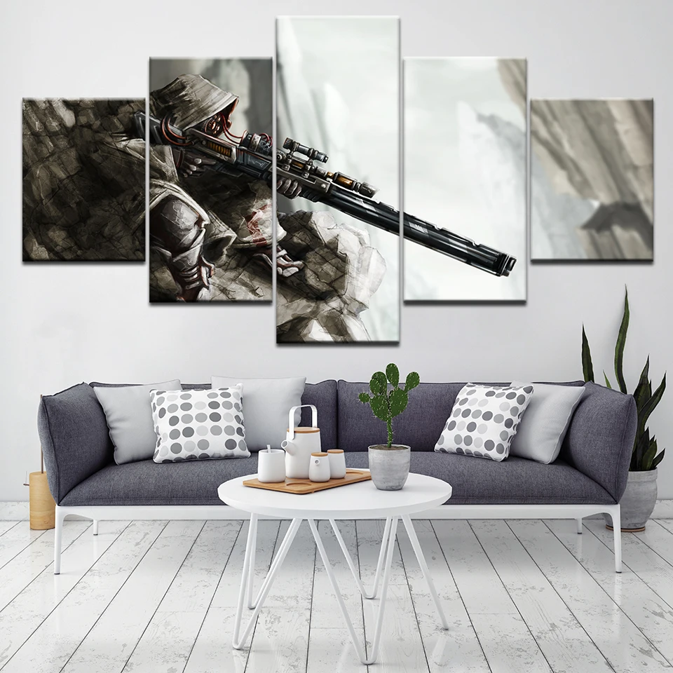 

5 panel canvas frame wall artwork fantasy weapon sniper rifle destiny video game Character Modular home decor picture