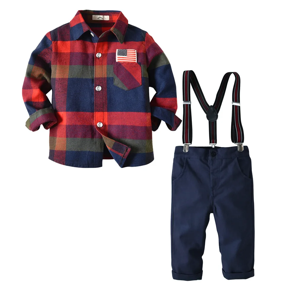 Комплекты детской одежды из 2 предметов для мальчиков г. Весенние рубашки в клетку в полоску+ джинсы на подтяжках штаны с галстуком-бабочкой, детская одежда для мальчиков