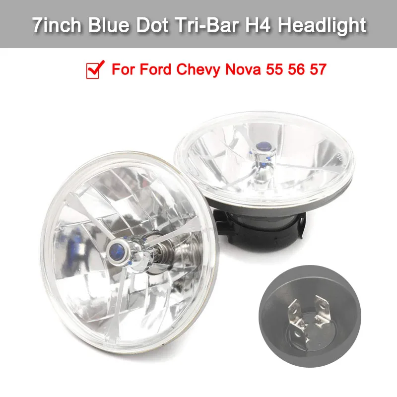 7inch Headlight,1 Pair of 7inch Blue Dot Tri-Bar H4 Headlight Clear Lens for 55 56 57