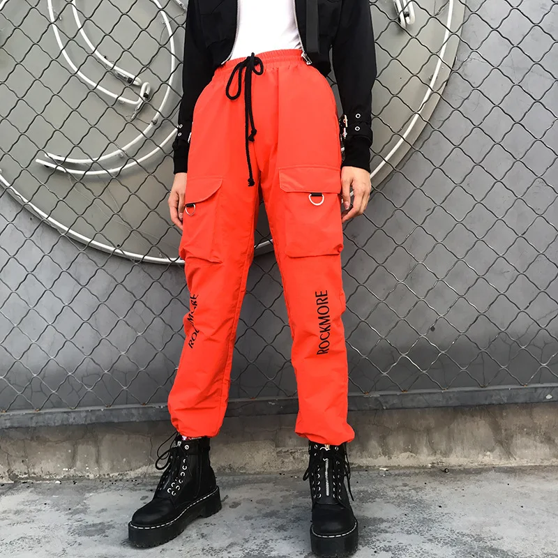 Длинный оранжевый хлопковые брюки женские 2019 Весна Эластичные Высокая Васит женские брюки-карго карманов повседневное Pantalon Femme мотобрюки