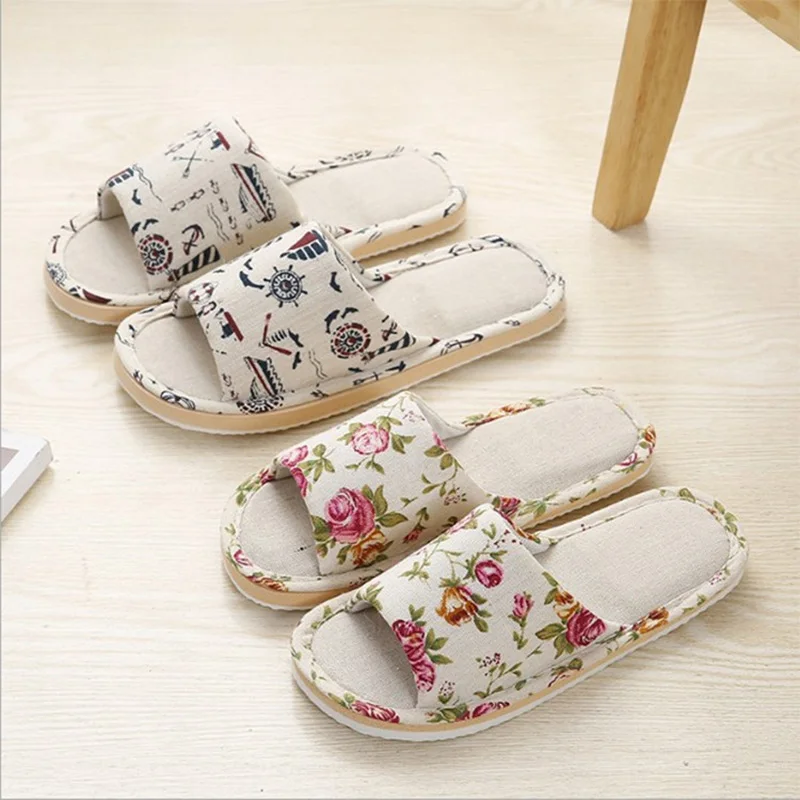 Spring Summer Women Slippers Print Men And Women Linen Open