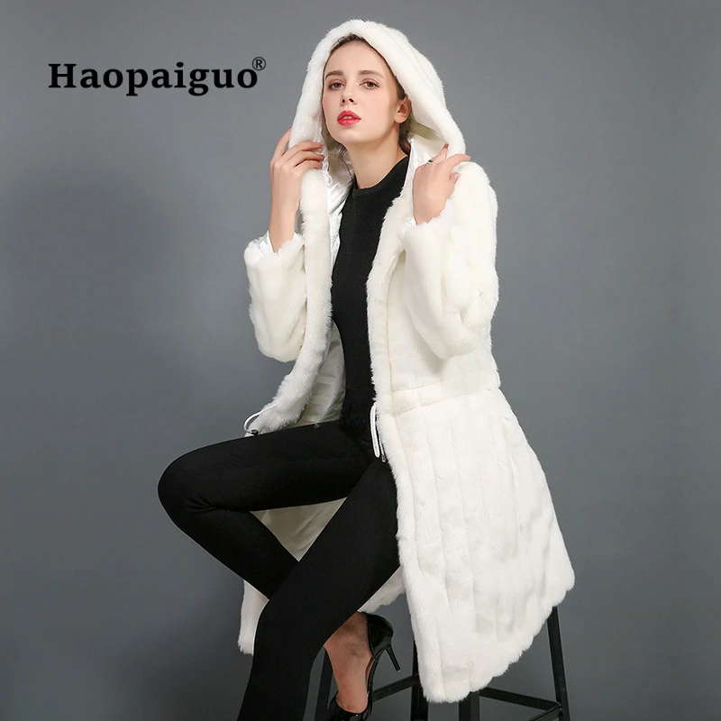 Женское пальто из белого кроличьего меха с длинным рукавом плотное теплое