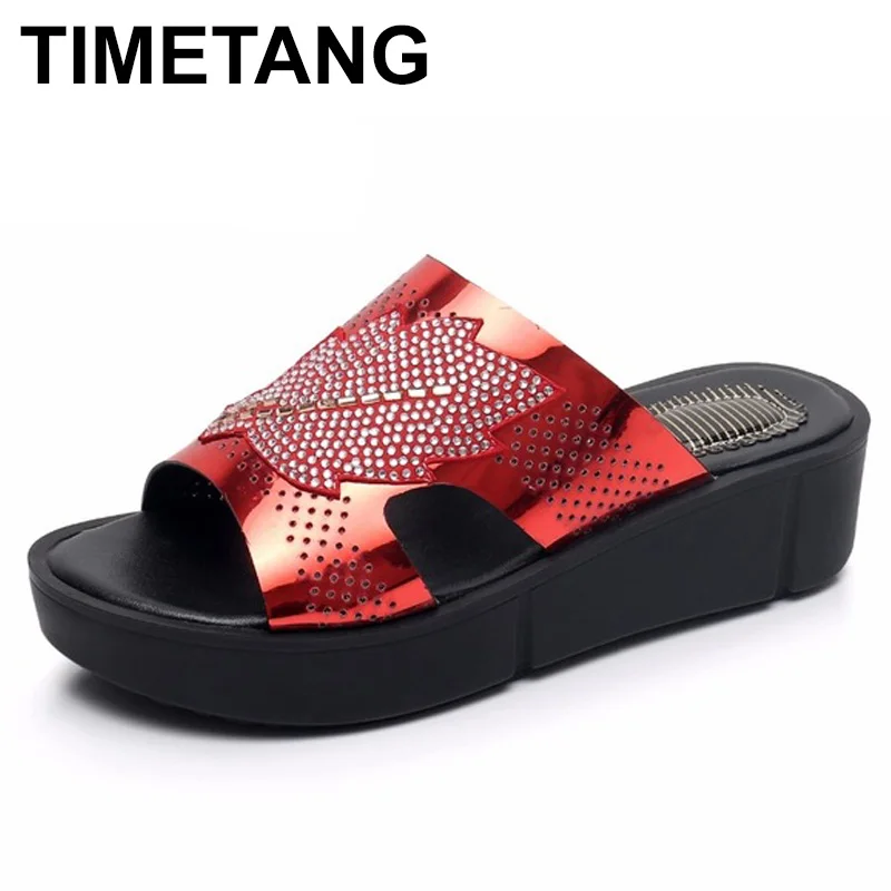 

TIMETANG 2018 New Women's Slipper Leather Women Flats Shoes Platform Wedges Female Slides Beach Flip Flops Summer Shoe Lady
