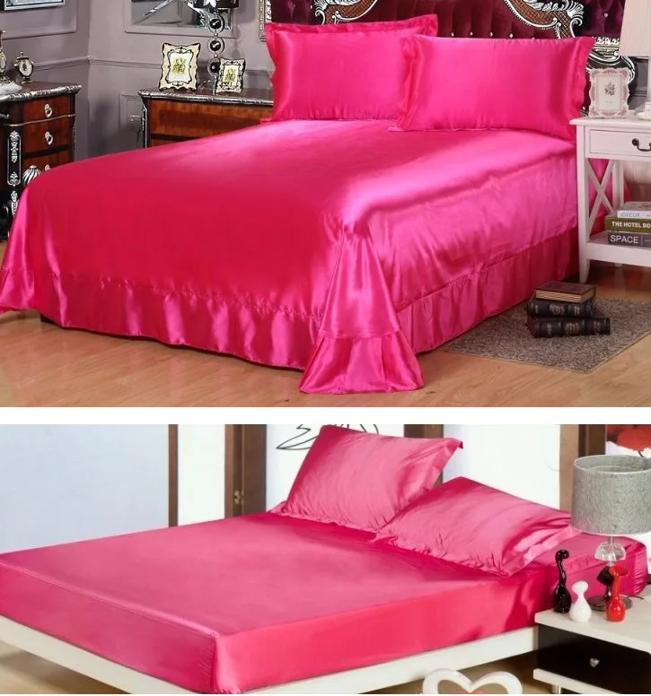 4PCS Hot Pink Bedding Satin Silk Sheets Flat Fitted bed sheet