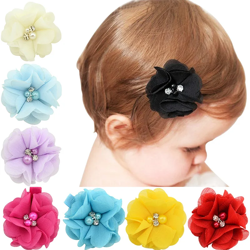 

LNRRABC 12 colors 1Pair cute girl mini chiffon lace flower pearl rhinestones hair clip children's headdress