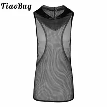 Черный сетчатый ажурный топ без рукавов в сеточку, Мужская сексуальная майка, Клубная одежда, мужская майка с капюшоном, майка