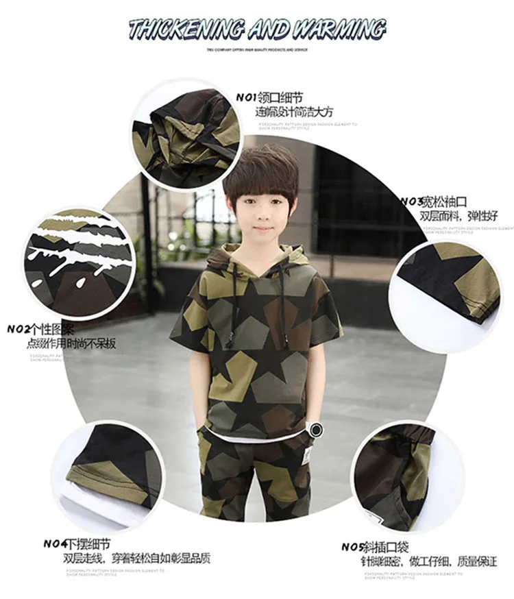 Новые летние комплекты детской одежды в Корейском стиле из 2 предметов камуфляжная рубашка с короткими рукавами и капюшоном для мальчиков+ камуфляжные штаны