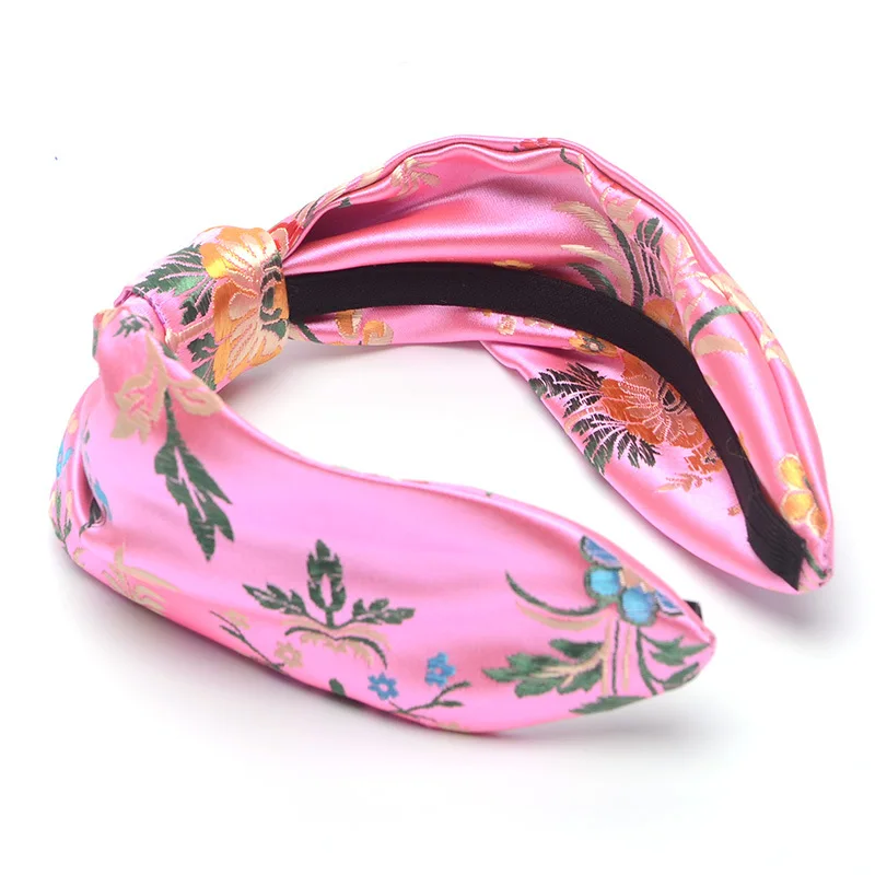 Новинка, атласная шелковая вышитая головная повязка с цветами, Женские аксессуары для волос, повязка для волос - Цвет: Розовый