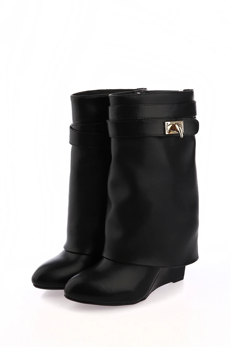 JAWAKYE/женские ботинки с металлическим замком «Акула»; дизайнерская роскошная кожаная зимняя обувь до середины икры; женские ботинки на танкетке, увеличивающие рост