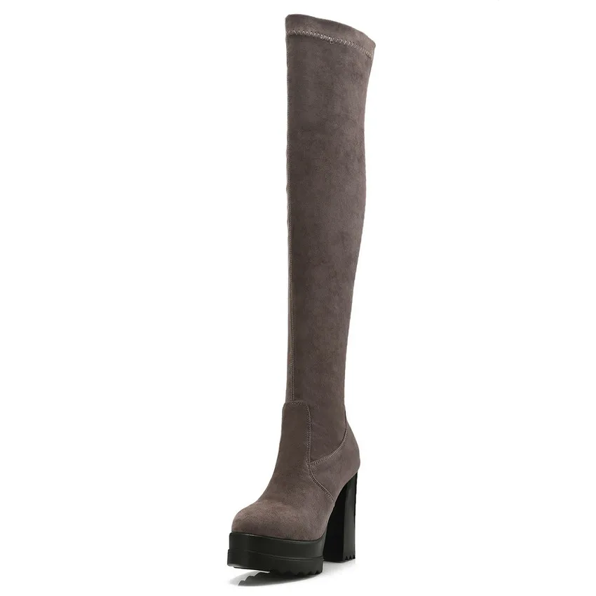 QUTAA/ г. Женские ботфорты выше колена зимние сапоги на платформе и высоком квадратном каблуке обувь высокого качества женские ботинки большой размер 34-42 - Цвет: Khaki