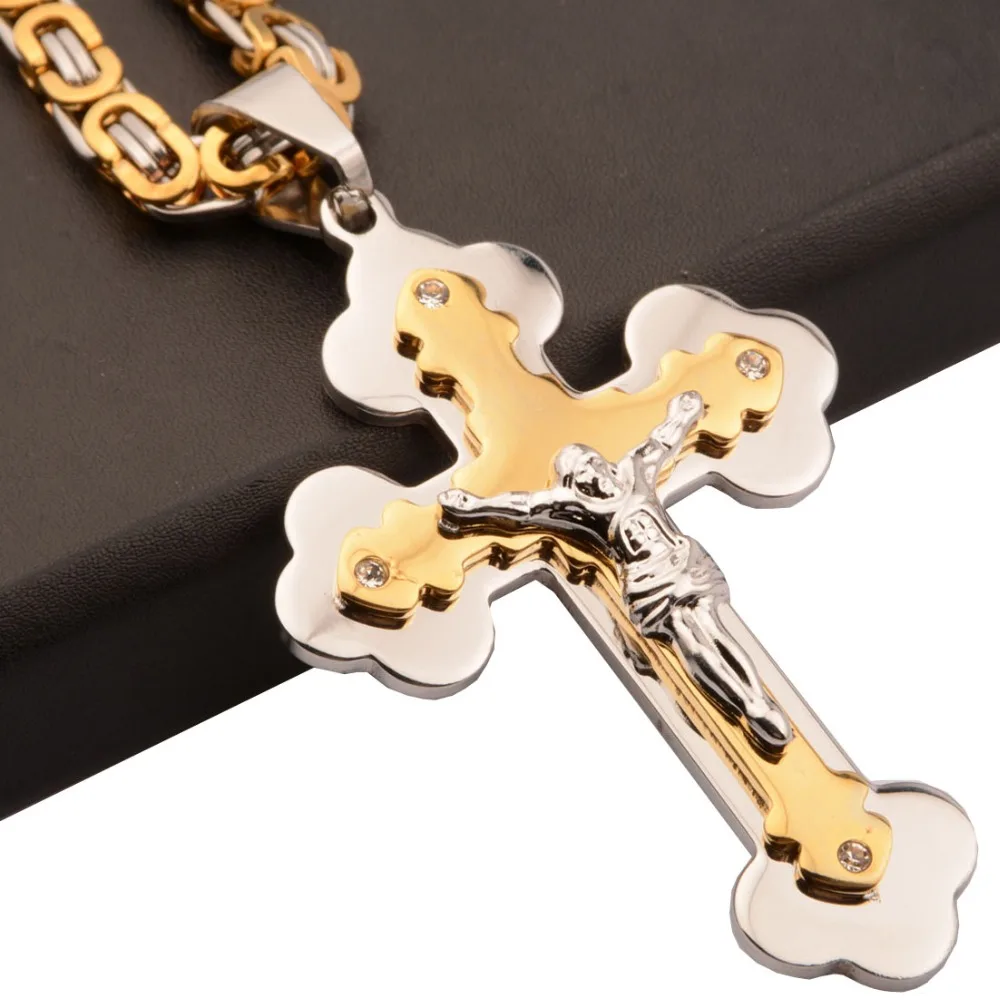 

Men Jewelry Christian Jewelry Gifts Vintage Cross Crucifix Jesus Piece Pendant & Necklace Stainless Steel Byzantine Chain