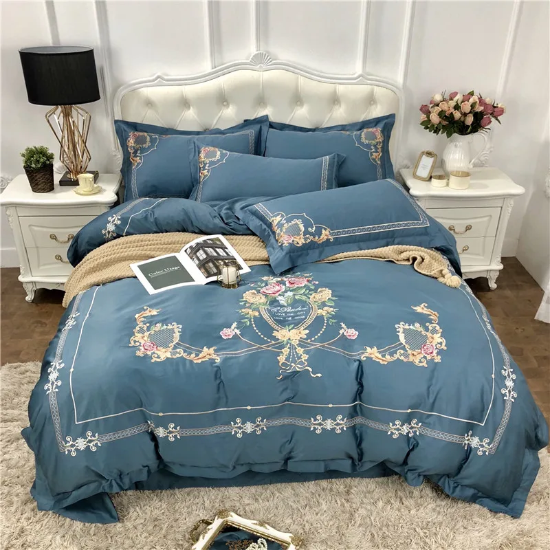 

Blue Pink Luxury Flower Embroidery 60S Egyptian cotton Bedding Set Duvet Cover Bed Sheet/Linen Pillowcases Queen King Size 4pcs