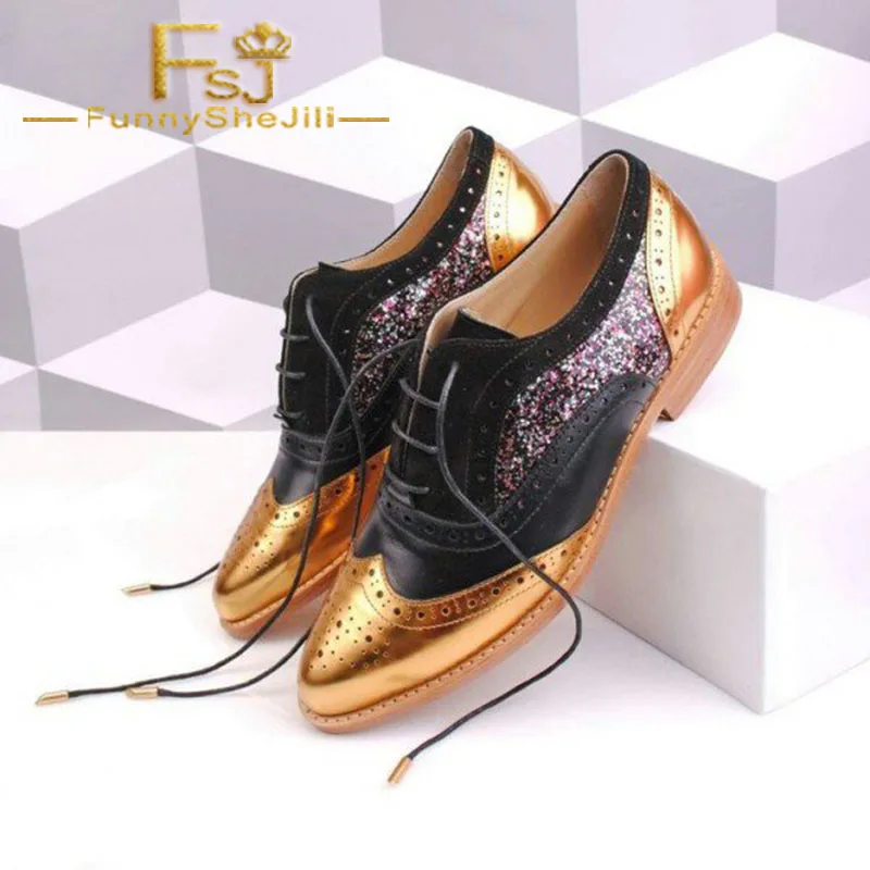 black_and_gold_two_tone_wingtip_glitter_women_s_oxfords_lace_up_flats