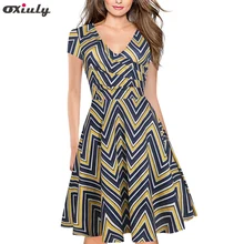 

Oxiuly Irregular Stripe Floral Print Party Work Women A-Line Dress OL Office Knee Length V-Neck Short Sleeve Vintage Dress