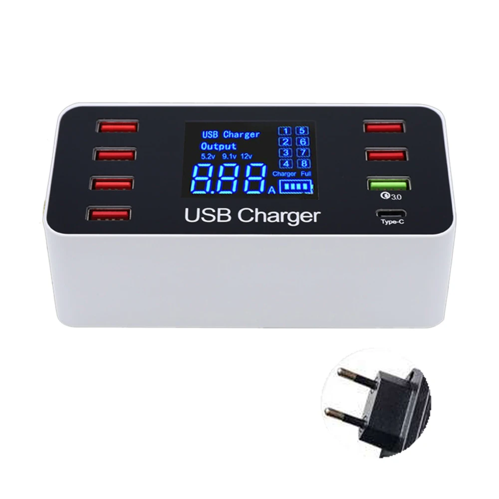 LCD digital display 8-port USB mobile phone tablet smart charger Qualcomm QC3.0 type-c fast charge head 40W