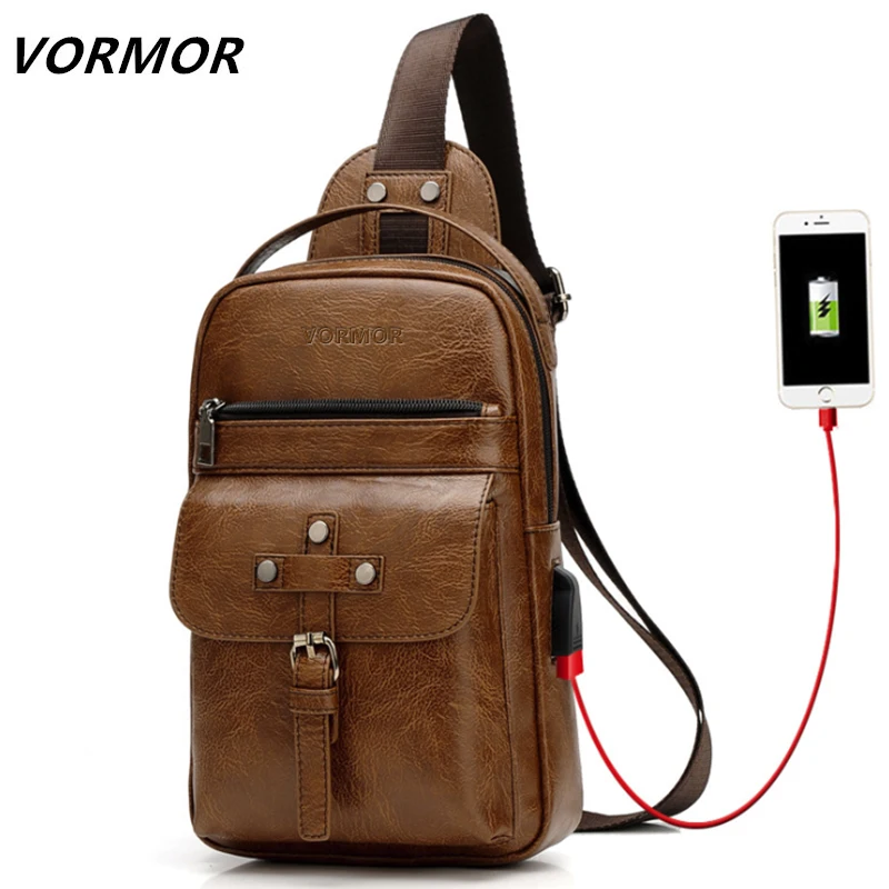 

VORMOR Man Messenger Bag Pu Leather Casual Shoulder Bags Business USB Charging Crossbody Bag Men's Chest Bags Famous Brand