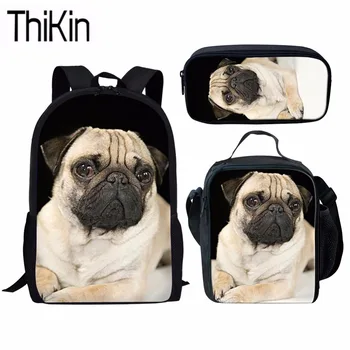

THIKIN 3Pcs/Set Cute 3D Pug Dog Printing School Bags for Kids Girls Lunch Box Children Shoulder Backpack Teenager Book Bag 2019