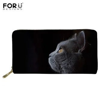 

FORUDESIGNS Funny Chartreux Cat Printed Woman Long PU Leather Wallet Brand Design Lady Zipper Purse Casual Large Cash/Coin Bags