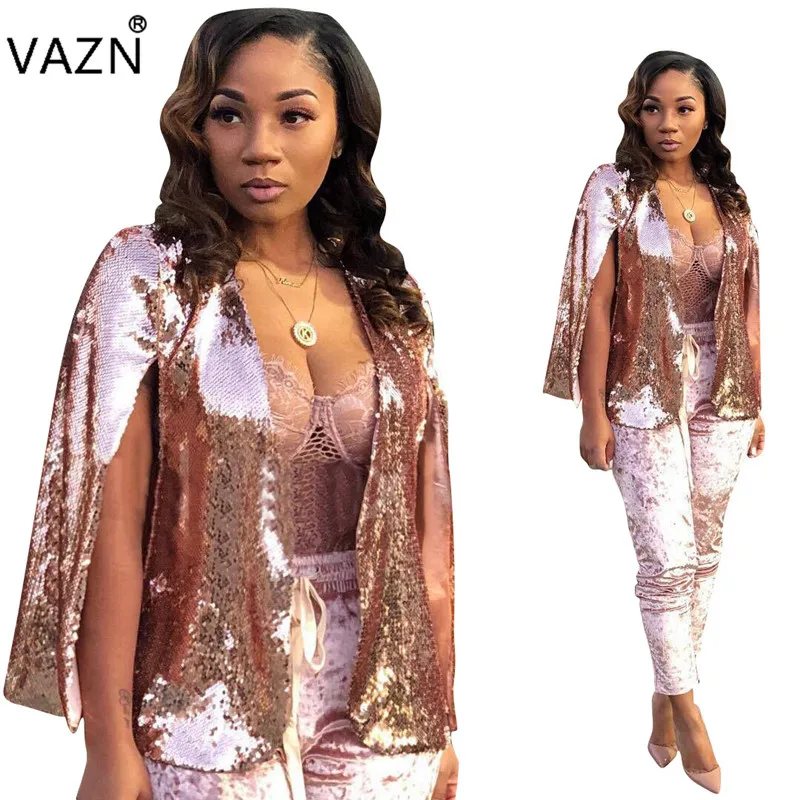 

VAZN Spring New Age Reduction 2019 Women Solid Sequined Cloak SLeeve Outerwear Lady Open Stitch Loose Outerwear WYNZ8149