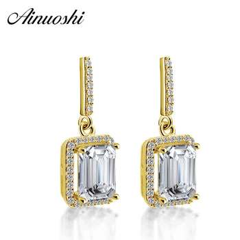 

AINUOSHI 14K Yellow Gold Drop Earrings Big 3ct Emerald Cut Gold Click Back Halo Earrings Fine Pierced Earring Jewelry for Women