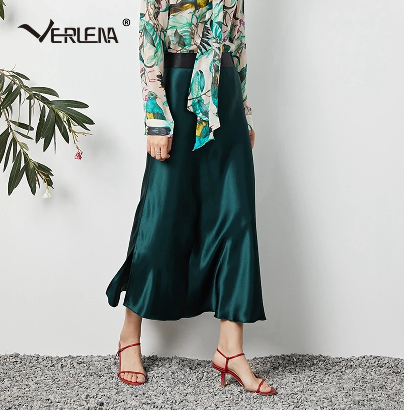 

Verlena A-Line Elastic Waist Dipped Hem Solid Vintage Green Women Skirt Elegant Streetwear Side Split Maxi Summer Long Skirt