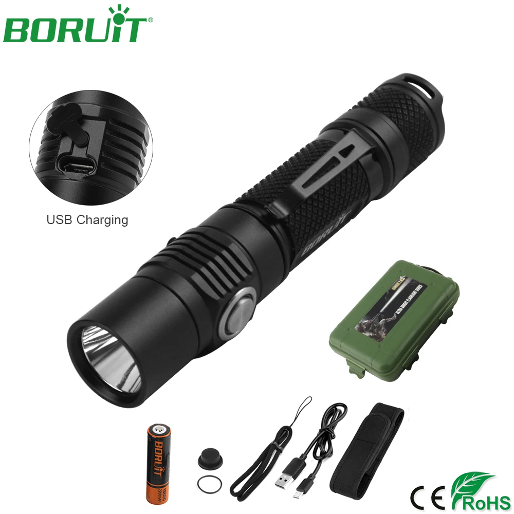 

BORUiT USB Rechargeable XM-L2 LED Flashlight 5 Modes Memory Torch Light Waterproof Outdoor Tactical Camping Lantern with Box