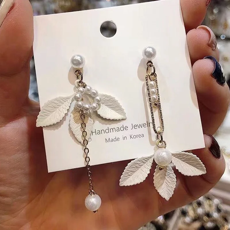 

MENGJIQIAO New Korean New Petal Flower Simulated Pearl Long Drop Earrings For Women White Leaf Pendientes Ear Accessories