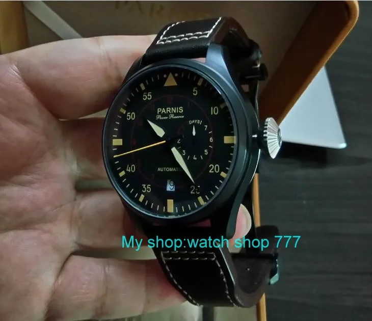 

47mm PARNIS Automatic Self-Wind Mechanical movement men's watch Black dial PVD case power reserve Mechanical watches zd367a