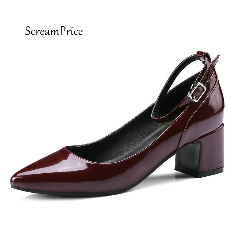 

Women Genuine Leather Buckle Strap Comfortable Square Heel Pumps Fashion Pointed Toe Party Shoes Black Wine Red
