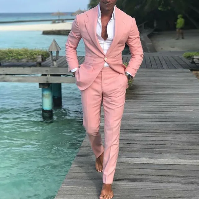 2018 летний ярко-розовый свадебный костюм для мужчин формальный Slim Fit костюмы на заказ пляжные мужские розовые костюмы из двух предметов