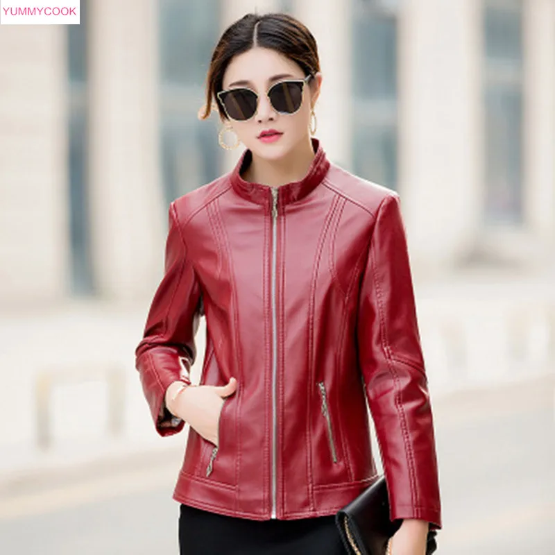 

Woman 2019 New Design Spring Autumn PU Leather Jacket Faux Leather Soft Coat Slim Black Zipper Motorcycle Large size Jackets 549