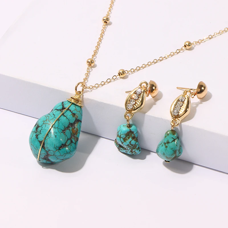 

KOMi 2Styles Boho Colorful Natural Turquoises Beaded shell Charm Jewerly Sets for Wedding Party Earrings Necklace A10107-9