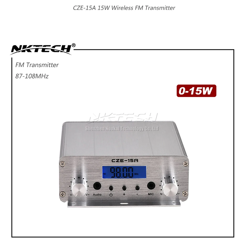 NKTECH CZE-15A стерео PLL fm-передатчик 3 Вт/15 Вт Беспроводная радиостанция вещание 87-108 МГц вещание преобразователь звука ЖК-дисплей