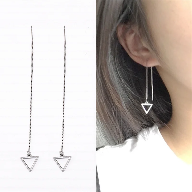 

Hot Sale Fashion Geometric Triangle Pendant Long Statement Ear Line Metal Chain Tassel Drop Earrings Bijoux for Women Jewelry