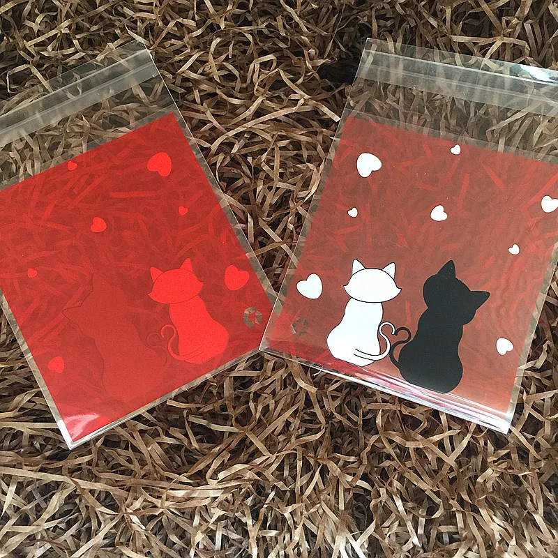 

100 Pcs Cat Design Self-Adhesive Plastic Gift Wrapping Party Candy Cookies Bag