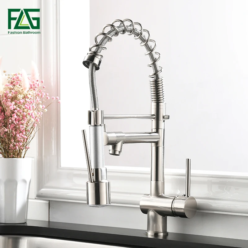 

FLG Kitchen Faucet Pull Down Swivel 360 Hot &Cold Brass Water Tap Sink Torneira Cozinha Faucet Brushed Nickel Mixer Tap