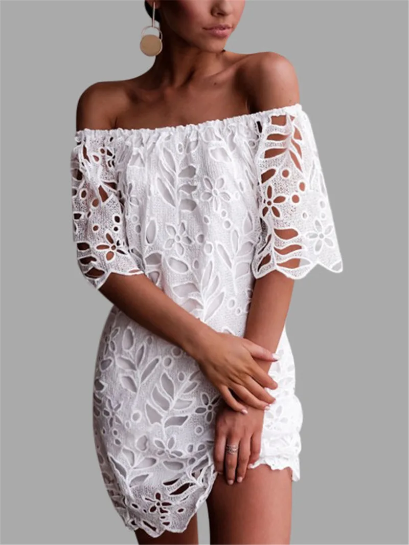 Gladiolus Off Shoulder Summer Dress Women Short Sleeve Lace Hollow White Black Mini Sexy Women Dress 2019 Ladies Party Dresses (23)