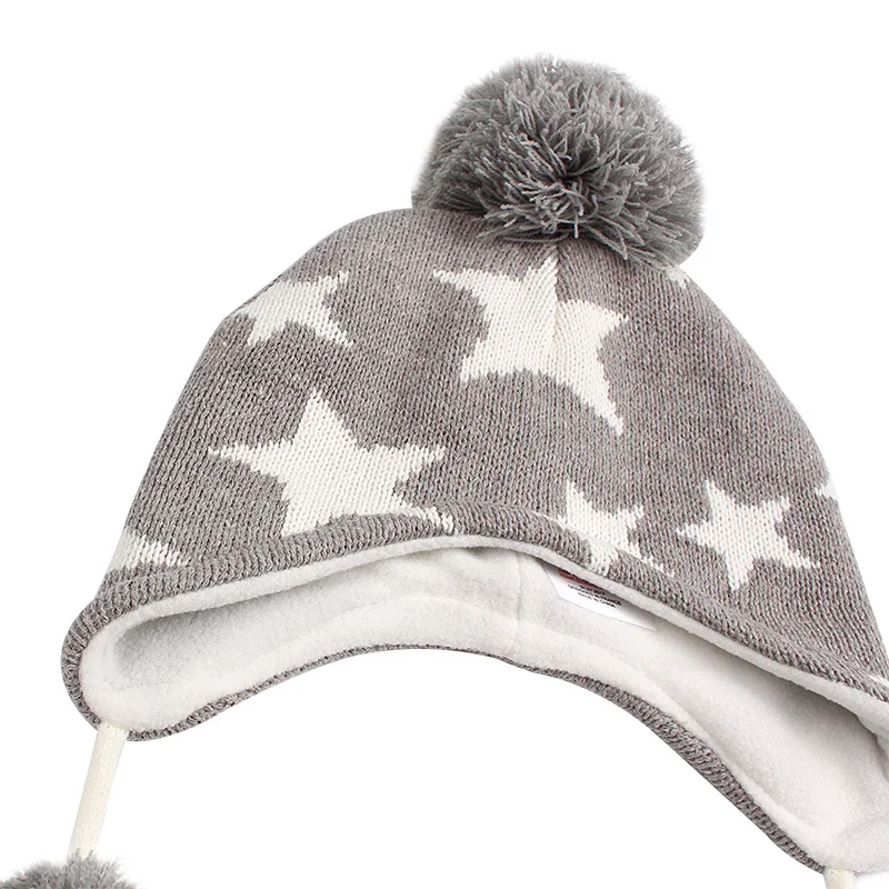 Star Fashion Knit Kids Hat Winter Warm Children Beanie Ear Protect Kids Hat With Pompom Star Pattern Baby Girls Beanie Hat  (3)