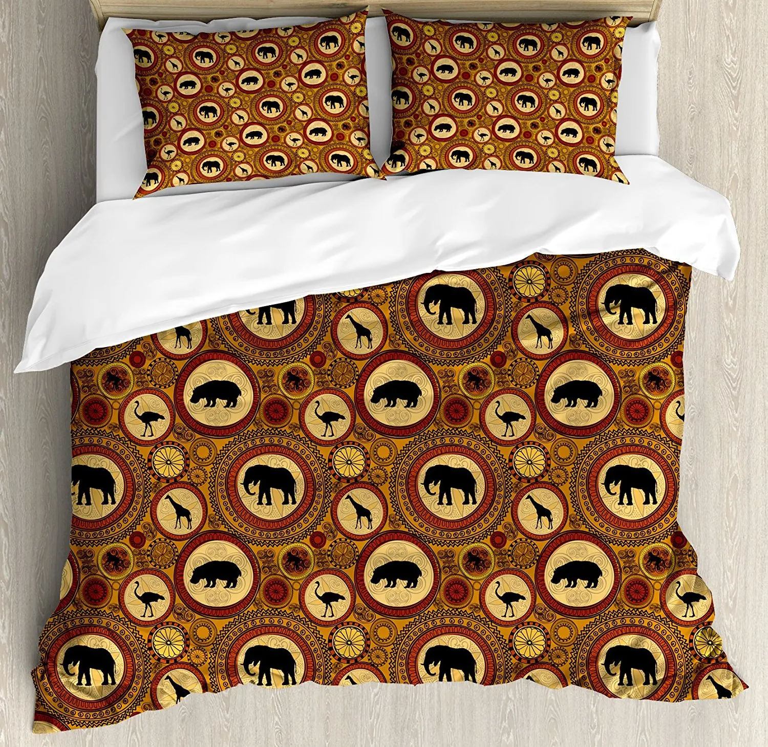 

Zambia Duvet Cover Set African Ethnic Animals Elephant Camel Giraffe Lion Ethnic Graphic Print Bedding Set Ginger Cinnamon Black
