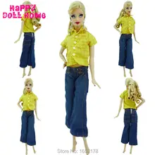 Fashion Short Sleeve Outfit Yellow Tartan Pattern Shirt Jeans Pants Denim Trousers Casual Clothes For Barbie Doll Kurhn FR Toys