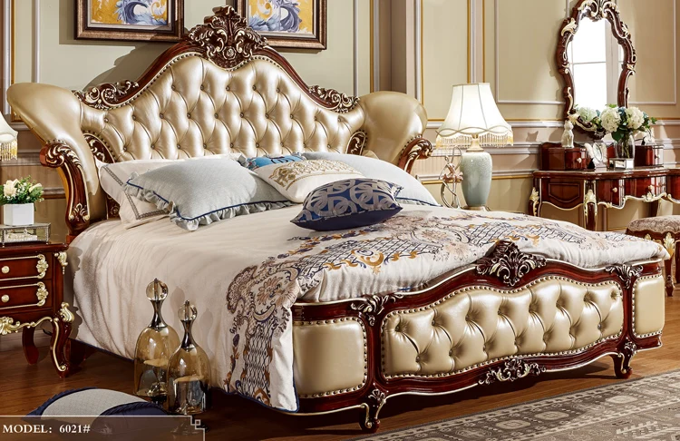 luxury European style wooden antique bed with wood frame, leather furniture beds - 6021