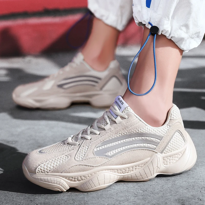 Outdoor Sport Casual Chunky Sneakers For Men Summer Mesh Breathable Men Shoes Lace Up Sneakers PU Outsole Black Shoes Man 2019