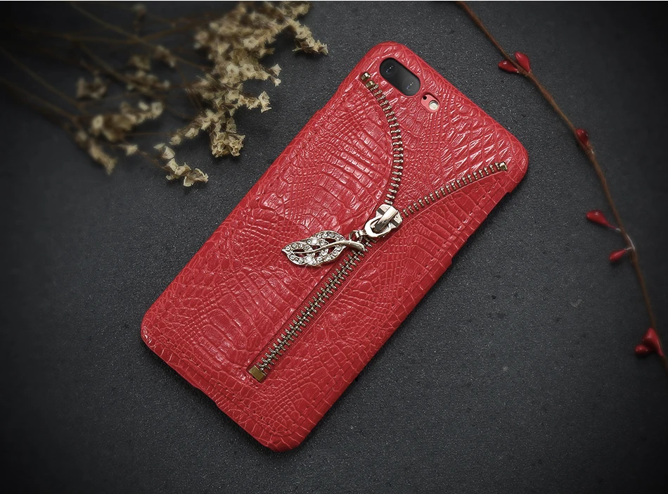 Zipper Leather Case For iPhone 6 6S 7 Plus 5 5S Rhinestone Leaf Crocodile Pattern (9)