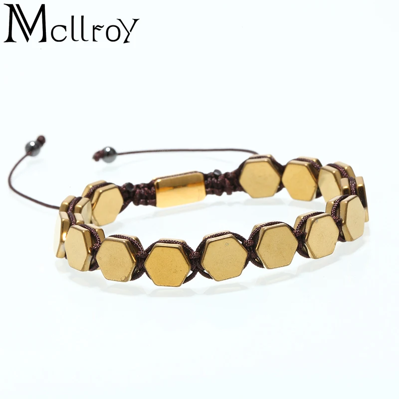 Mcllroy bracelet men/luxury braided Hematite Gold Blue hexagon Stone Beads Bracelets bangles punk male jewelry Adjusted 2019