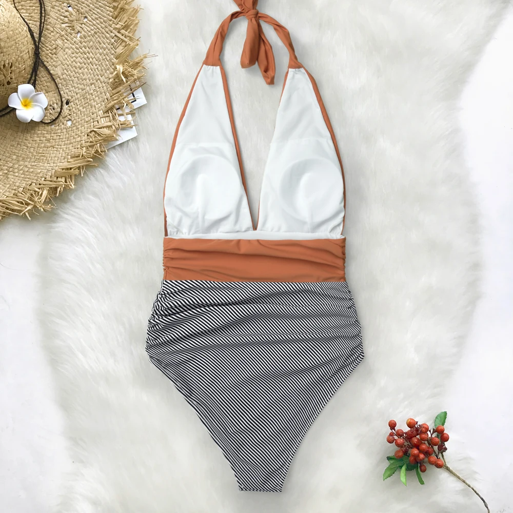 Online CUPSHE Halten Sie Accompained Streifen einteiliges Badeanzug V neck Backless Halter Sexy Bikini 2020 Damen Strand Bade Bademode