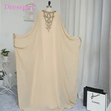 2016 A-line Long Sleeve Champagne Chiffon Crystal Muslim Evening Dresses Islamic Dubai Abaya Kaftan Long Evening Gown Prom Dress
