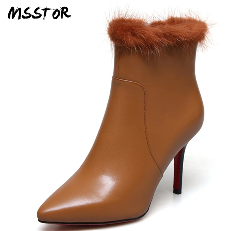 

MSSTOR Fashion Fur Women Pumps Black Stiletto Concise Thin Heels Winter Boots Women Pointed Toe Flush Ankle Boots For Women 9CM