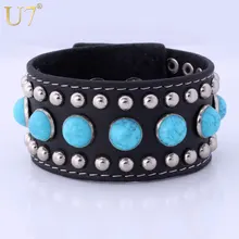 U7 Натуральная Кожа Браслет Синттеический Бирюзовый Ювелирные Изделия Женские Браслет С Камнями H523