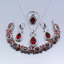 Благородный 925 пробы серебро четыре шт комплект ювелирных изделий Красный Гранат белый циркон кольцо Размеры 6/7/8/9/10 Браслет 17 см подарок Z28